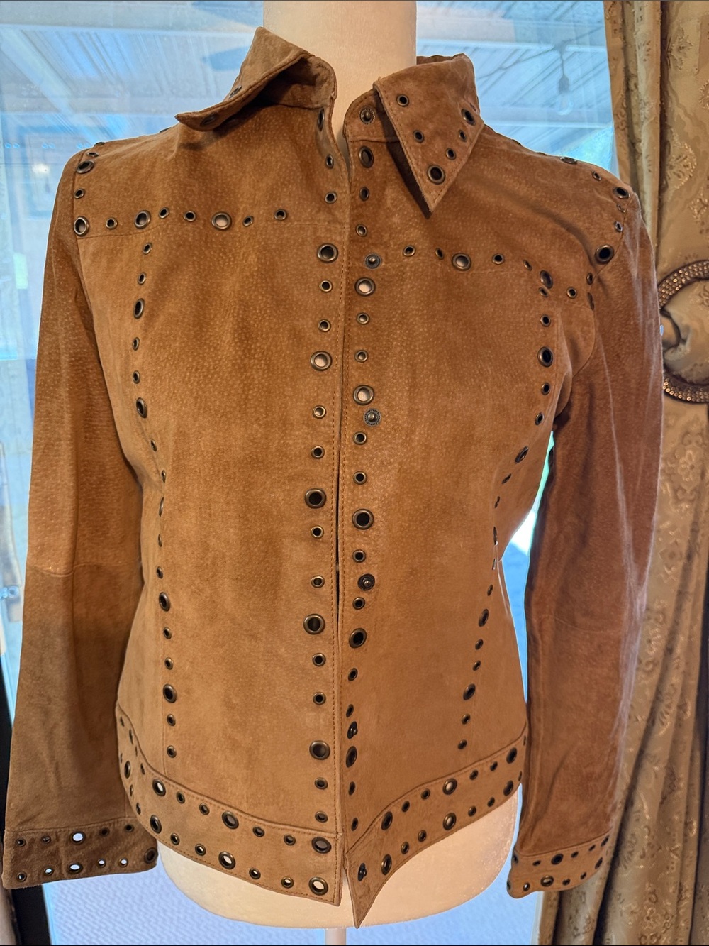 Tres Jolie Accessories Brown Suede Eyelet-Trim Leather Jacket - Picture 2 of 7